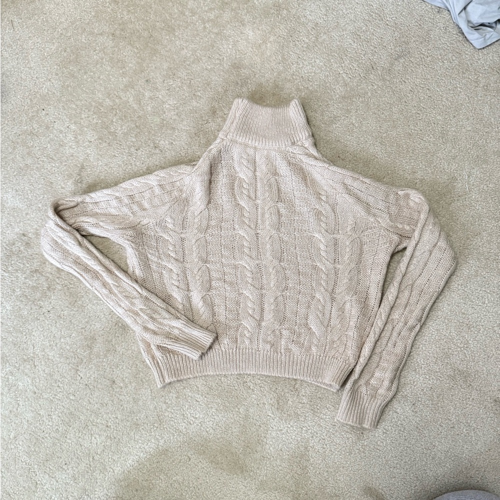 Women's Cropped Cable Knit Turtleneck Sweater - Cream